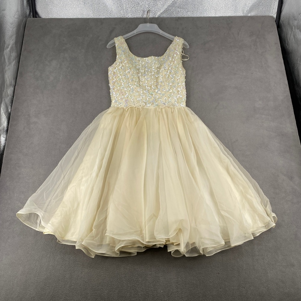 Vintage 50s 60s ILGWU Sequin Lace Tulle Party Dress Cream Fit Flare XS S